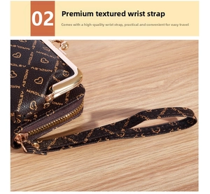 Detailed close-up of dark brown printed leather wallet with retro metal clasp and wrist strap