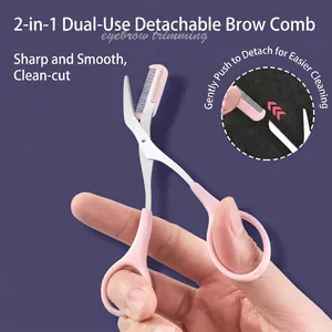 Pink eyebrow trimmer scissors with removable comb tool for precise shaping and grooming
