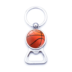 Silver metal basketball keychain bottle opener with orange ball pattern on white background