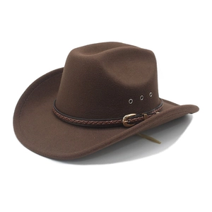 Detail of dark brown felt cowboy hat with braided leather band and gold buckle accent