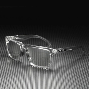 Detail view of transparent polarized sunglasses frame with logo and model KD335 branding