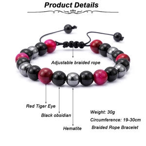 8mm Red Tiger Eye Hematite Obsidian beaded bracelet with adjustable braided rope