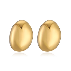 Minimalist gold oval stud earrings with polished metallic surface on white background