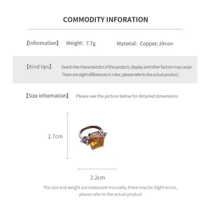 Size chart showing 2.7cm height and 2.2cm width for copper zircon cocktail ring