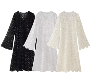 Close-up of lace embroidery textures on long sleeve V-neck dresses in three colors