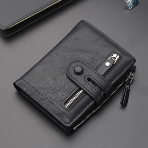 Men Bifold Wallet PU Leather Business Casual Short Purse With Multi Card Slots Zipper Pockets Snap Button Closure