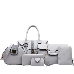 Elegant 6-piece grey faux leather handbag set with litchi texture and gold metal accents