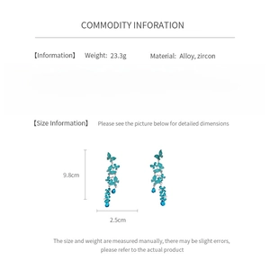 Size information and technical specifications for butterfly tassel earrings with zircon