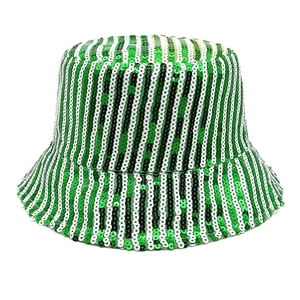 Detail view of green and white sequined stripes on festive bucket hat for outdoor parties