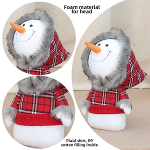 Detail of Christmas snowman doll with foam head and red plaid fabric shirt texture