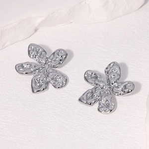 Minimalist silver flower stud earrings in 18k gold plated titanium steel with hammered texture