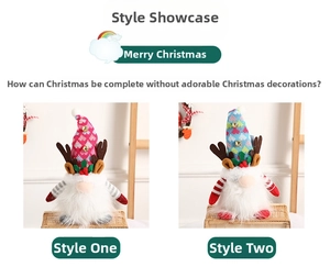 Close-up of two glowing Christmas gnomes with reindeer antlers and heart patterns