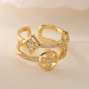 18K gold plated geometric open ring with double layer floral and star zircon patterns