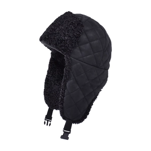 Winter black quilted leather trapper hat with thick faux shearling lining and earflaps