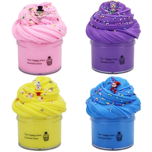 Set of four colorful butter slime jars with cute clown charms for creative sensory play
