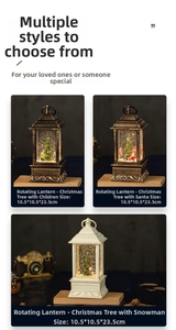 Close-up of retro Christmas lantern snow globe with Santa and spinning snowflakes
