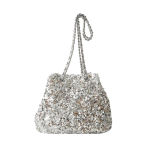 Silver sequin bucket bag with elegant chain strap and reflective metallic finish