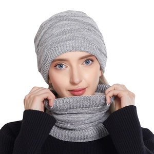 Light grey winter knitted beanie and neck warmer set for men and women with fleece lining