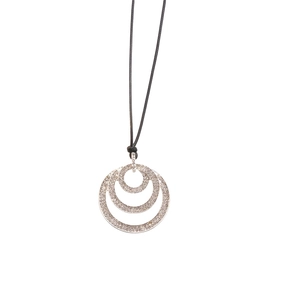 Three-layer silver circle pendant necklace with pavé crystals on a black cord strap