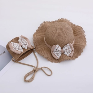Matching straw sun hat and small shoulder bag set with pink lace bow for girls