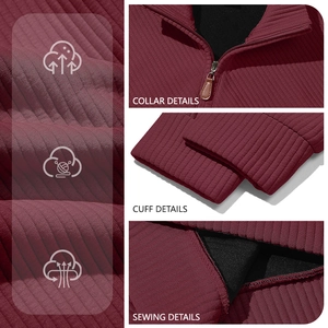 Detail view of men's quarter-zip sweatshirt featuring collar, cuff, and sewing craftsmanship