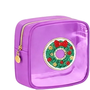 Detail of purple waterproof PU leather bag featuring a Christmas wreath chenille patch