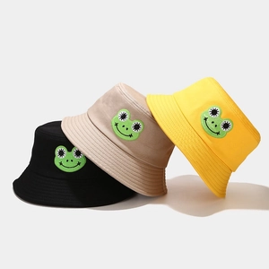 Unisex foldable frog embroidery bucket hats in black, beige, and yellow colors