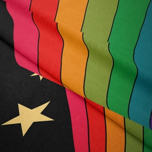 Detailed fabric texture of folded Papua New Guinea flag and rainbow pride banner decor