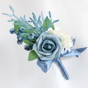 Dusty Blue Artificial Rose Boutonniere And Wrist Corsage PE Satin Flowers With Ribbon For Wedding Party Groom Prom