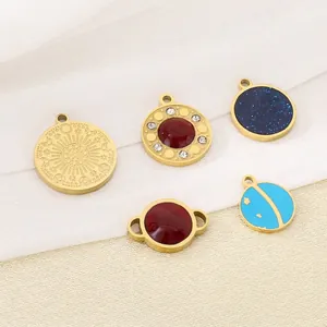 Round Pendant Stainless Steel Micro Pave Glass Crystal Starry Sky Celestial Sun Moon Stars For DIY Jewelry Making
