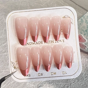 Long Almond Press On Nails French Metallic Rose Red Nude Pink False Nails For Women Handmade Look Reusable Artificial Nails SP146