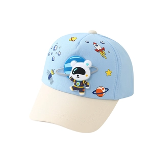 Kids baseball cap with space bear print in light blue and cream white color