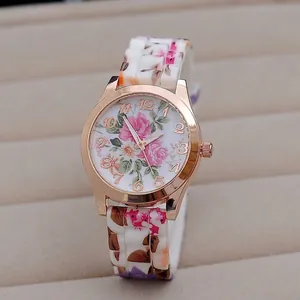 Close-up of Geneva floral fashion watch featuring rose gold case and resin chain strap