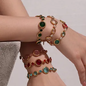 Round Faceted Czech Glass Bracelet Gold Plated Stainless Steel With Zircon Adjustable Chain Fashion Jewelry For Women