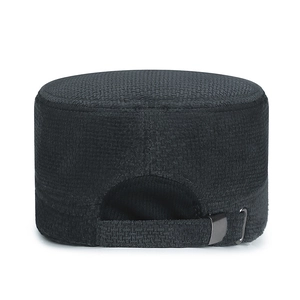 Men's winter warm black flat top cadet hat with adjustable metal buckle back view
