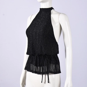 Detail of sexy halter top with silver metallic stripes, waist tie, and ruffled hem finish