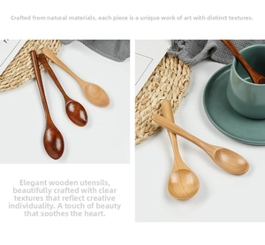 Detailed view of long handle wooden spoons with natural wood grain texture and three colors