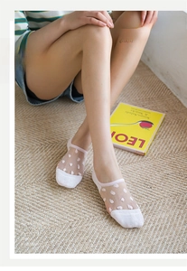 Detail shot of thin sheer mesh boat socks with white polka dots and cotton heel