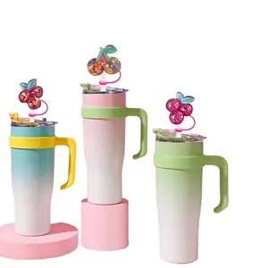 Dustproof silicone straw covers with glitter fruit decor for Stanley tumblers