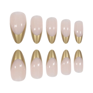 Minimalist almond French press-on nails with nude base and metallic gold tips set