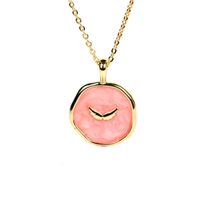 Gold plated necklace featuring a pink marble enamel heart pendant with angel wings detail