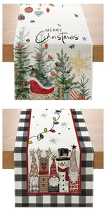 Detailed view of Merry Christmas table runner with festive Santa and reindeer print