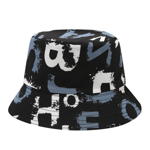 Black graffiti bucket hat with artistic blue and white print for street style fashion