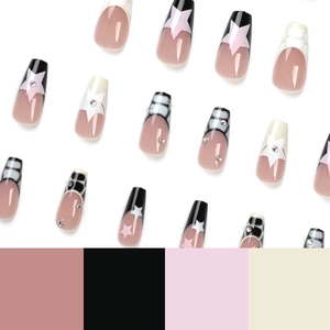 Pink and black ballerina press-on nails with star patterns and rhinestone accents