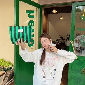 Close-up of green striped canvas makeup bag held by a model wearing a pet graphic sweatshirt