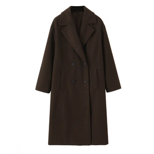 Detailed view of dark brown double-breasted wool coat with large lapel and thick texture