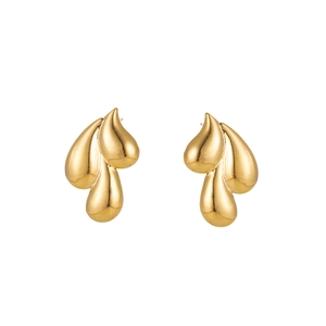 Elegant golden triple waterdrop stud earrings made of polished stainless steel