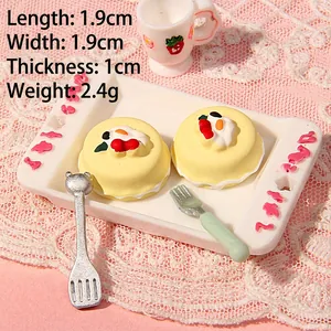 Detailed view of 1.9cm mini resin cake model with tiny cutlery and white tray for DIY crafts