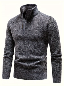 Close-up of men's quarter-zip sweater showing fine knit texture and metal zipper detail
