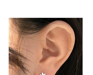 Close-up showing the butterfly zircon stud earring worn on the earlobe in silver
